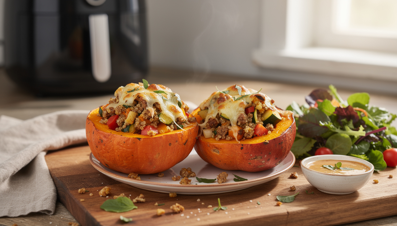 découvrez une recette facile et savoureuse de potimarron farci à l'air fryer, idéale pour un repas complet et gourmand en toute simplicité.